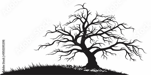 A solitary tree stands tall on a hill with bare branches reaching towards the sky.