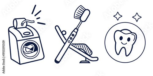 Illustration of dental care items including a toothbrush, toothpaste, and a tooth.