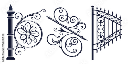 Intricate ironwork designs featuring floral and geometric patterns