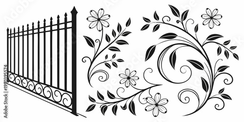 An ornate black metal gate with intricate floral designs on either side.