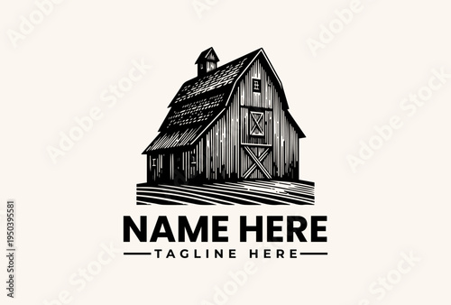 A rustic barn illustration with a gable roof and wooden texture, featuring a logo template with placeholder text on a clean background.
