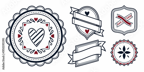 A collection of vintage and modern badges, seals, and ribbons with various designs and symbols.