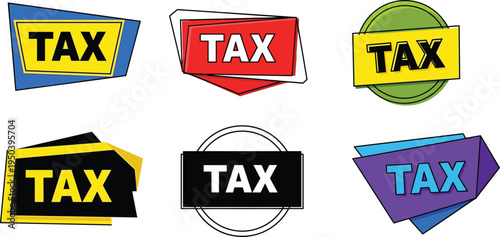 Vector illustration of bold TAX lettering in colorful geometric shapes for finance, taxation, and business artwork