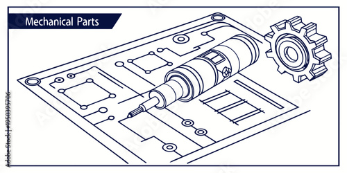 A detailed illustration of various mechanical parts and tools on a blueprint