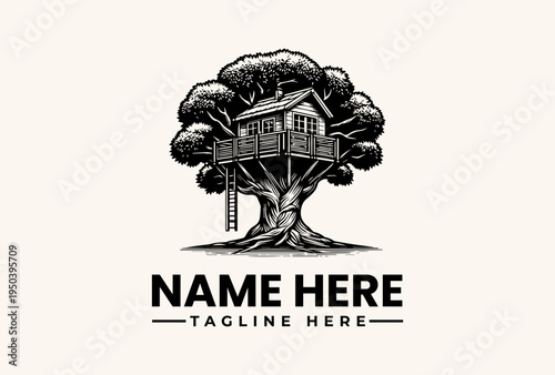 A detailed illustration of a treehouse with a logo and tagline text on a clean background, featuring a vector-style pictogram of a tree with a house in its branches.