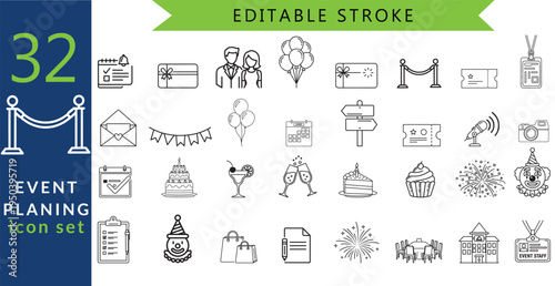 Event planning icon set for business and holidays with editable stroke vector illustration