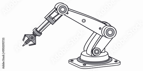 A detailed illustration of an industrial robotic arm with a gripper attachment.