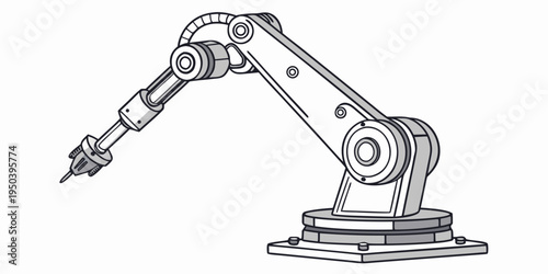 A detailed illustration of an industrial robotic arm with a drill attachment