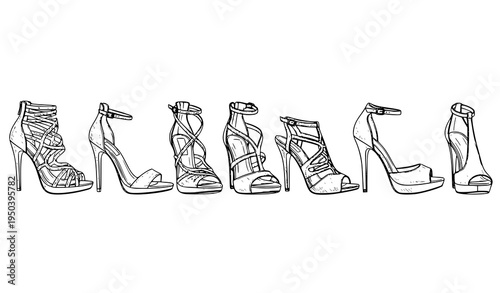 Elegant women's high heel sandals vector sketch collection luxury fashion footwear illustration isolated