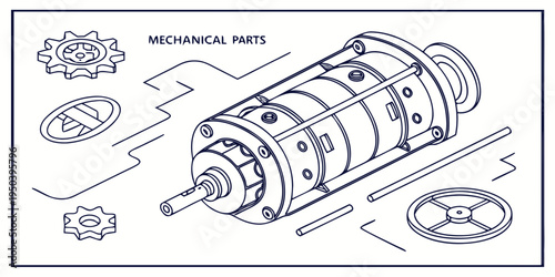 Illustration of mechanical parts and gears in an industrial setting.