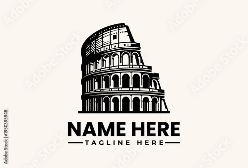 A black and white vector illustration of the Colosseum with a placeholder text for a logo or name in a clean and minimalist design style against a beige background.