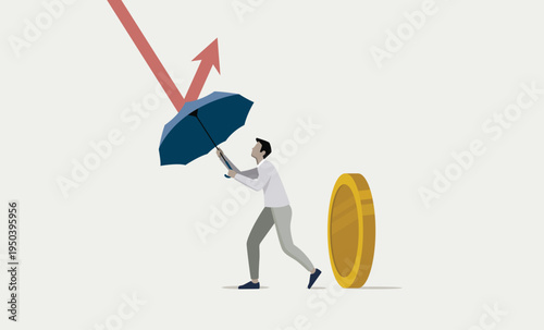 Man holding umbrella protecting himself from falling stock market graph and coin