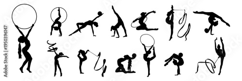 Collection of rhythmic gymnastics silhouettes showing different poses with ribbon and hoop