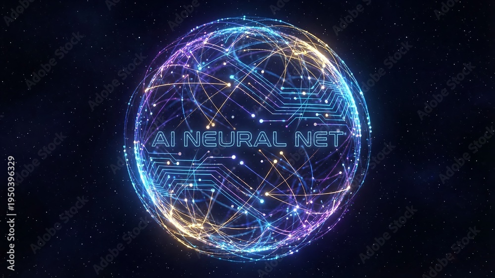 Obraz premium Abstract representation of artificial intelligence neural network processing data globally in a futuristic digital sphere of interconnected lines and dots