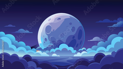 A vibrant digital illustration of a large full moon glowing behind thick blue clouds at midnight