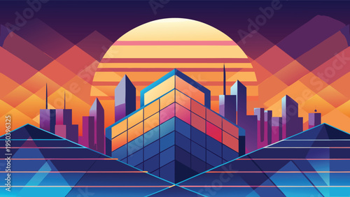 A vibrant digital illustration of a futuristic city skyline set against a glowing sunset background