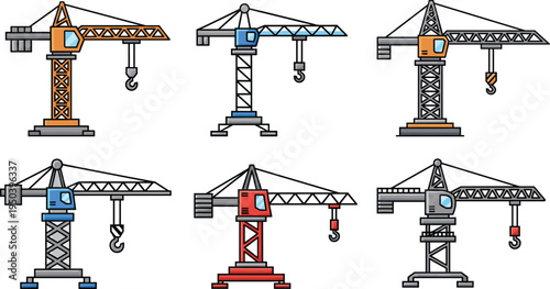 Vector illustration of tower cranes in orange, blue, red, and gray designs for construction and engineering artwork