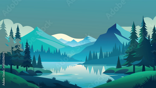 A serene landscape featuring majestic mountains reflected in a calm lake surrounded by pine trees