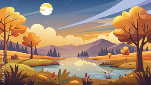 A serene autumn landscape featuring golden trees by a calm lake under a bright crescent moon sky