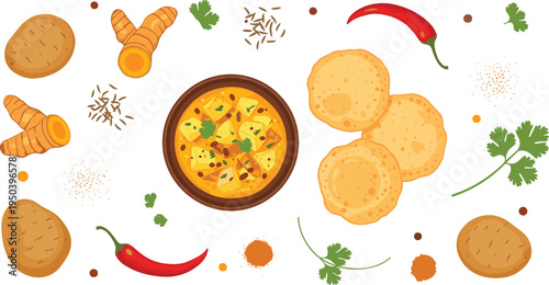 Indian Potato Curry with Puri Bread, Chili Pepper, Turmeric and Spices Traditional Vegetarian Food Vector Illustration
