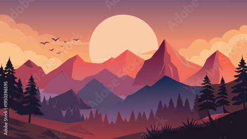 A serene flat vector illustration of majestic mountain ranges at sunset with flying birds above
