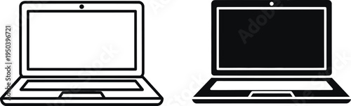 Laptop computer open and closed outline and solid black icons
