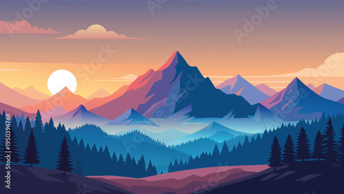 A serene mountain landscape featuring a vibrant sunset over a dense pine forest in flat design style