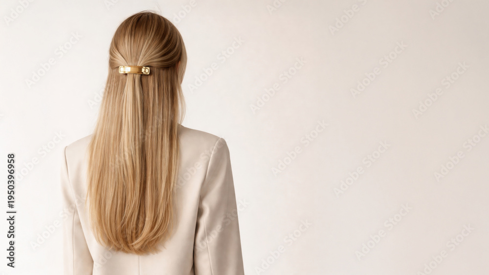 Naklejka premium Back view of a woman with long blonde hair wearing a blazer on a white background, professional beauty look, hair care concept, minimalist style. copyspace