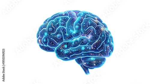 Glowing circuit board brain on transparent background