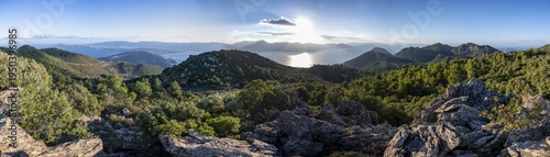 Volcanic peninsula Methana, view over the sea and landscape with mountains and extinct volcanoes, Saronic Gulf, Peloponnese, Greece