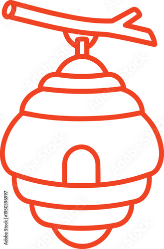 Orange beehive hanging from tree branch outline icon for nature and beekeeping themes art