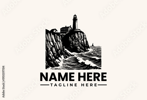 A black and white illustration of a lighthouse on a rocky cliffside with a customizable name and tagline in a bold, modern font against a clean background.