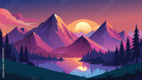 A serene vector illustration of majestic mountains glowing under a vibrant sunset by a calm lake