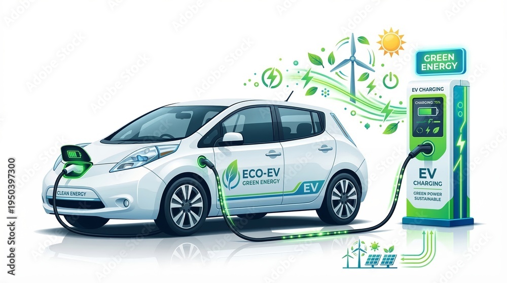 Naklejka premium White electric car charging at eco-friendly station with solar panels and wind turbine