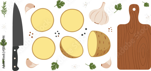 Fresh Potato Slices with Garlic, Herbs, Knife and Wooden Cutting Board Cooking Ingredients Vector Illustration