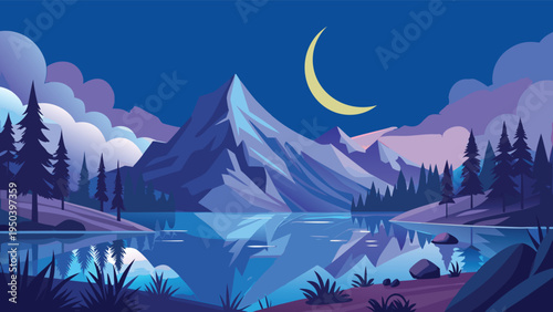 A serene night landscape featuring a crescent moon above majestic mountains and a calm blue lake