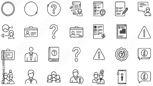 Hand Drawn Vector Illustration Set of Essential Information, Question, FAQ, Help, and Warning Icons for User Interface and Web Design Projects in Outline Doodle Style Graphic Collection