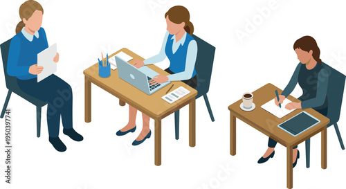 Isometric, office, workers, business, employees, workplace, laptop, paperwork, writing, desk, corporate, teamwork, productivity, management, communication, illustration, 