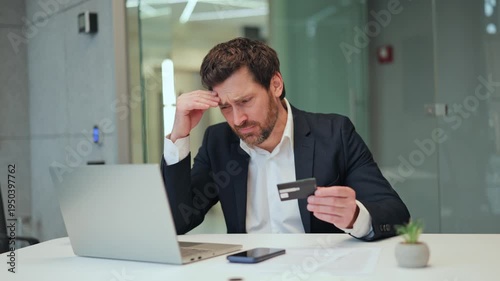 Navigating an online payment, a businessperson experiences frustration and stress with a credit card and laptop. Followed by a moment of triumph and relief, digital transactions in a modern office.