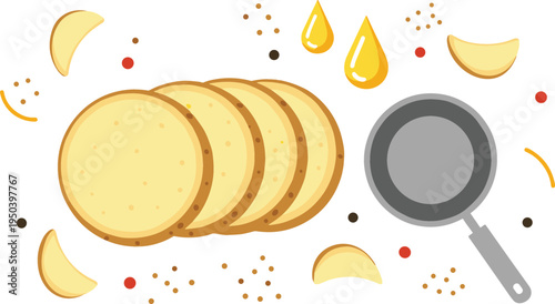 Fried Potato Chips with Pan, Oil Drops and Spices Cooking Process Crispy Snack Food Vector Illustration