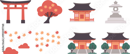 Japanese culture icons set, torii gate temple pagoda autumn maple tree traditional Japan flat minimalist vector illustration collection
