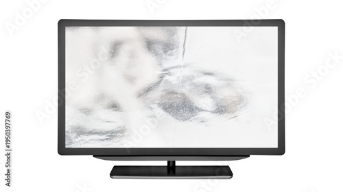 Modern flat television screen with glossy glass display isolated on transparent PNG background, blank TV monitor mockup with reflections for media and design.