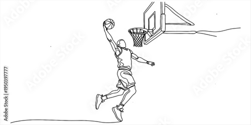 Continuous One Line Drawing of Basketball Player Performing Slam Dunk