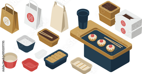 Japanese food packaging set, takeout boxes paper bags sushi tray chopsticks takeaway containers isometric restaurant delivery packaging vector illustration