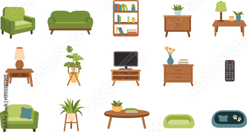 Living room furniture icons set, modern home interior sofa table plants cabinet TV decor flat vector illustration collection