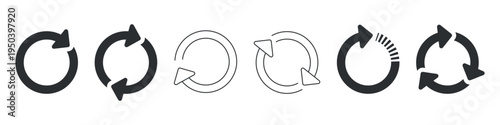 Circular refresh and rotation arrow icons set representing reload, update, synchronization, loading, syncing, reset and repeat actions in modern minimal style.