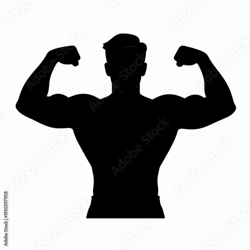Powerful White adult man bodybuilder flexing muscles in a front double bicep pose, minimalist black silhouette vector illustration for fitness and strength concept, isolated on white background.
