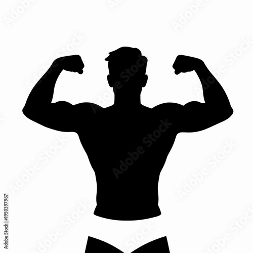 Athletic adult White man flexing bicep muscles in a bodybuilding pose, fitness goals achieved through physical strength, minimalist silhouette isolated on white background.