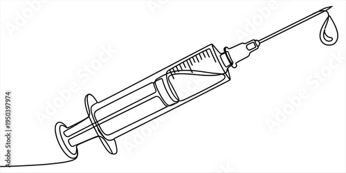 Continuous One Line Drawing of Medical Syringe with Vaccine Drop