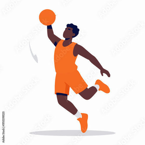 Action shot of a young Black male basketball player performing a powerful slam dunk, flat vector illustration of an athletic African American man in mid-air, sports and fitness concept
